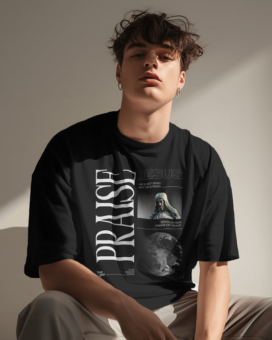 Men's Black "PRAISE" Typography with Jesus Graphic Oversized T-Shirt