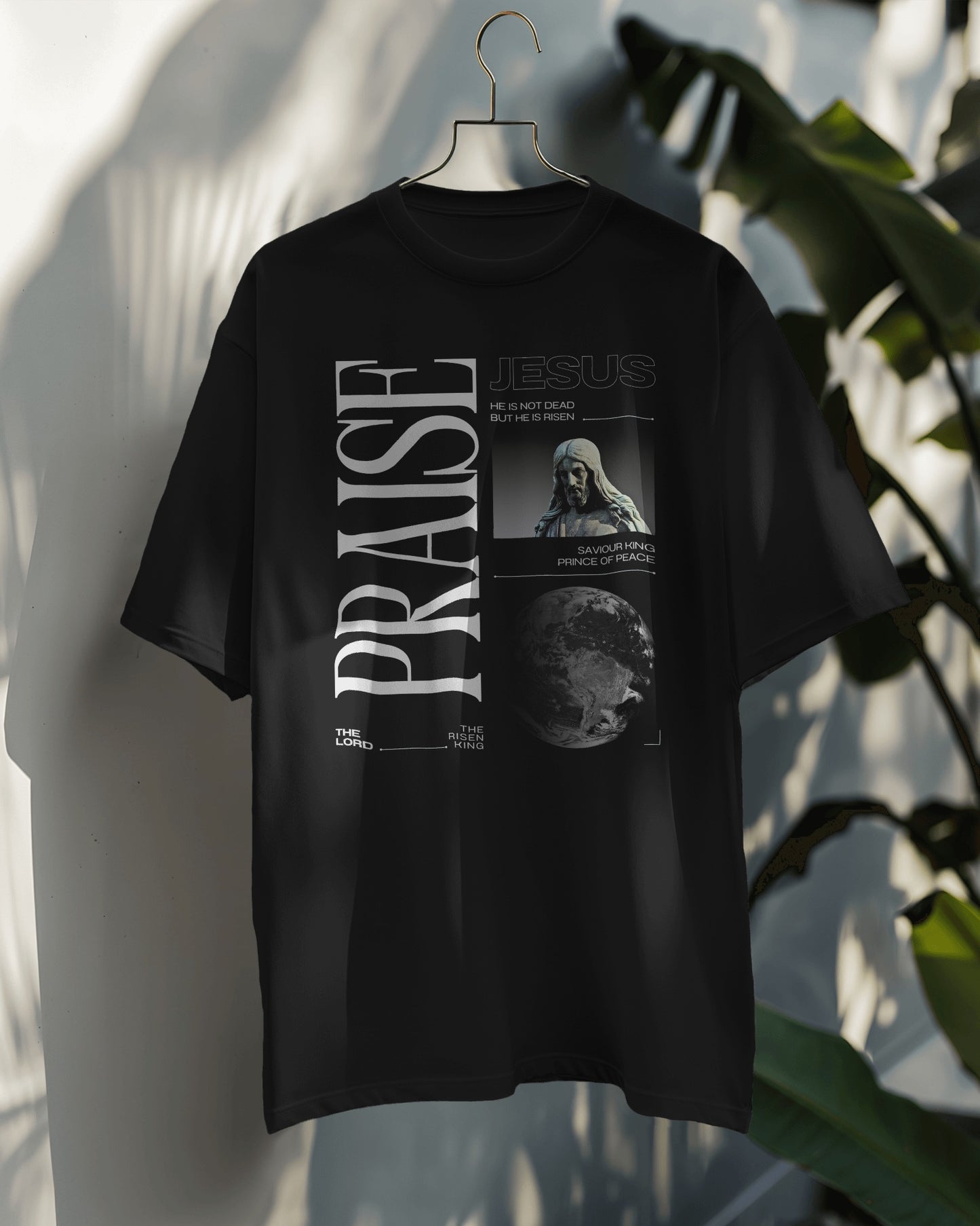 Men's Black "PRAISE" Typography with Jesus Graphic Oversized T-Shirt