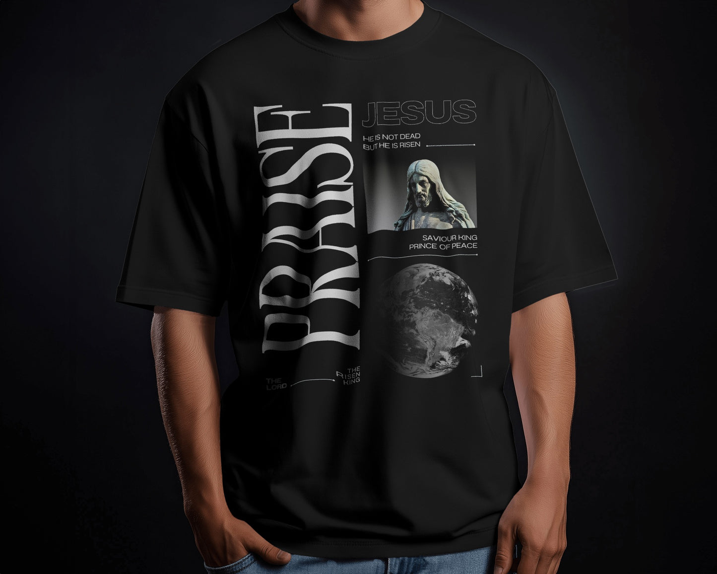 Men's Black "PRAISE" Typography with Jesus Graphic Oversized T-Shirt