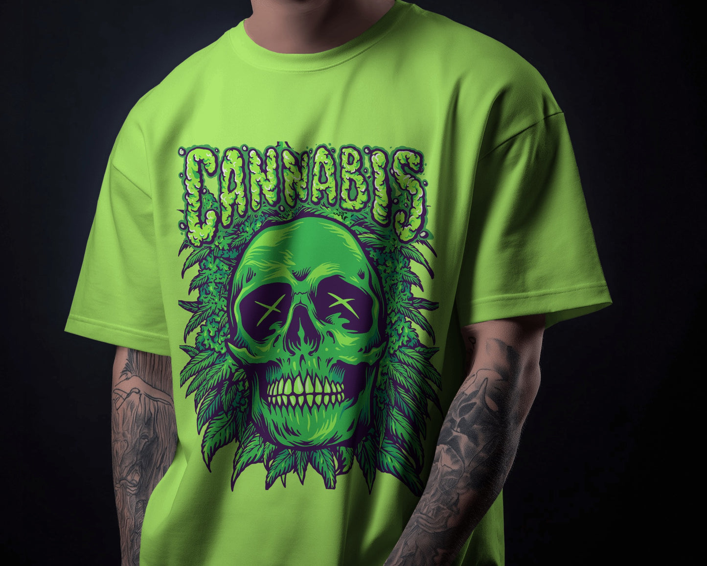 Green Cannabis Skull Graphic Oversized T-Shirt