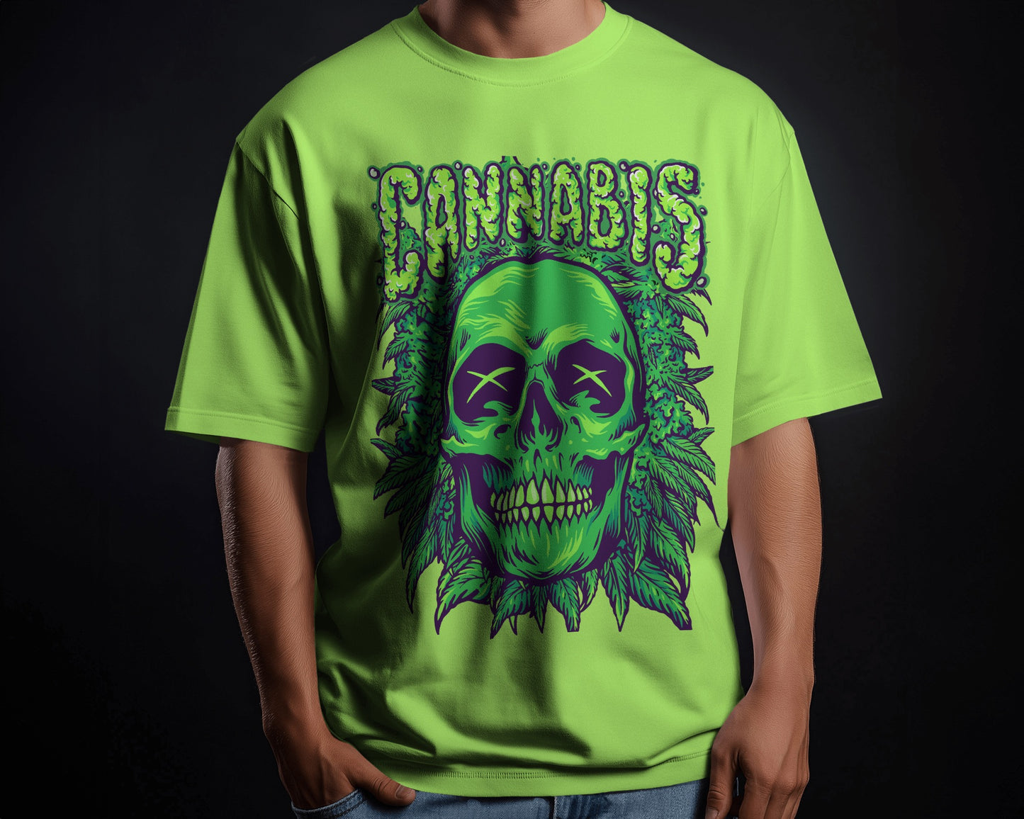 Green Cannabis Skull Graphic Oversized T-Shirt