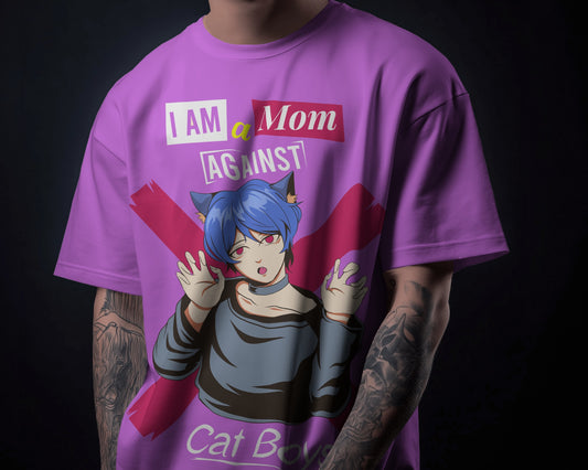 Oversized "Mom Against Cat Boys" Graphic T-Shirt