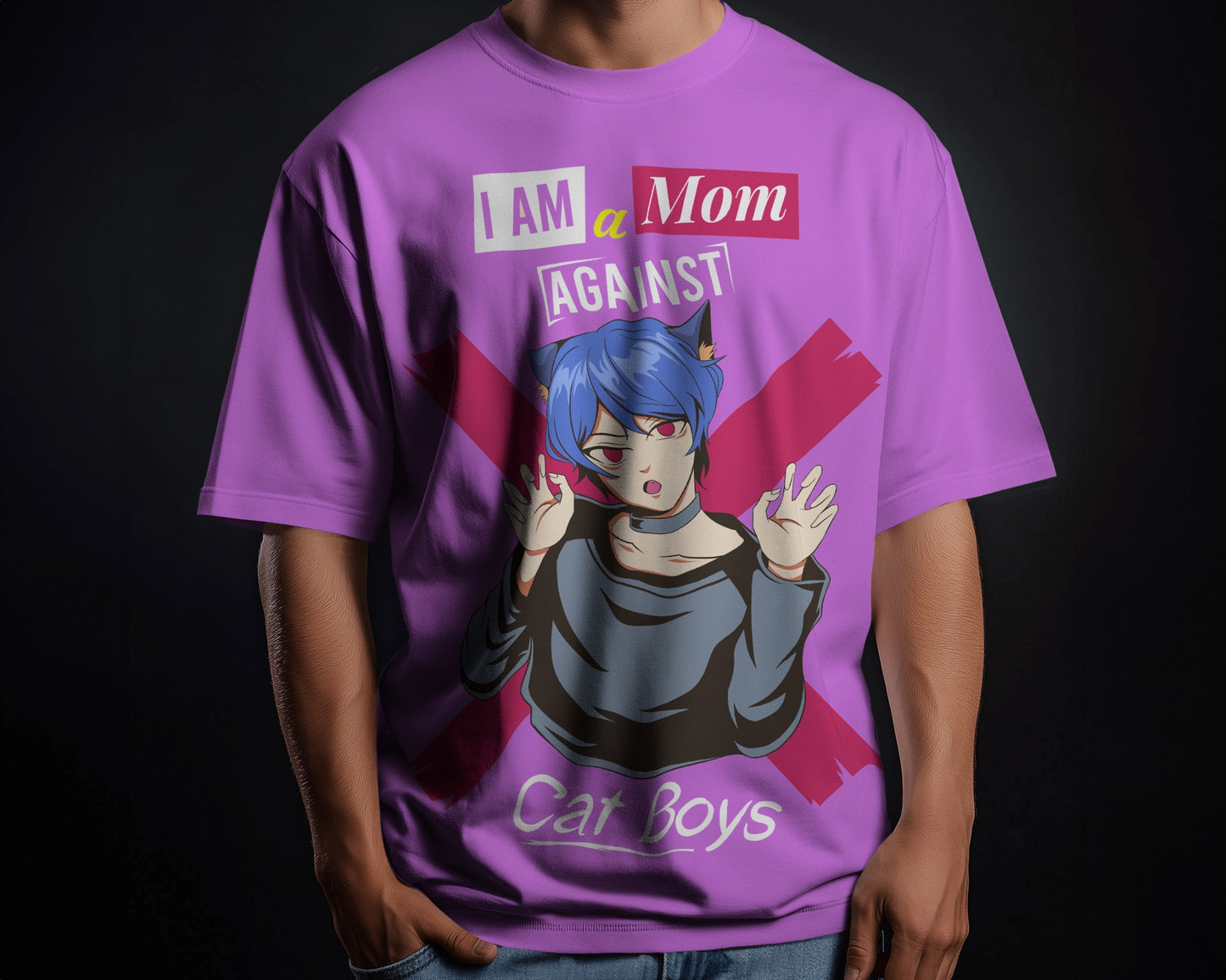 Oversized "Mom Against Cat Boys" Graphic T-Shirt